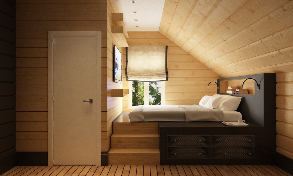 Интерьер загородного дома из оцилиндрованного бруса.