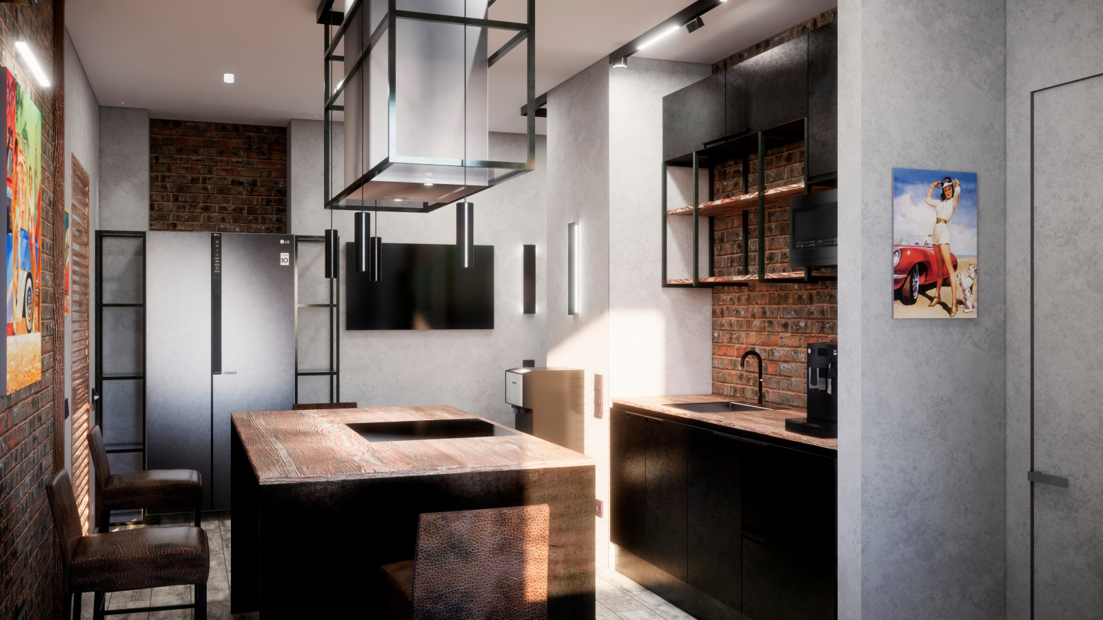 Квартира в Москве в стиле лофт, кухня, холл, санузел, кладовая. 2020 г.