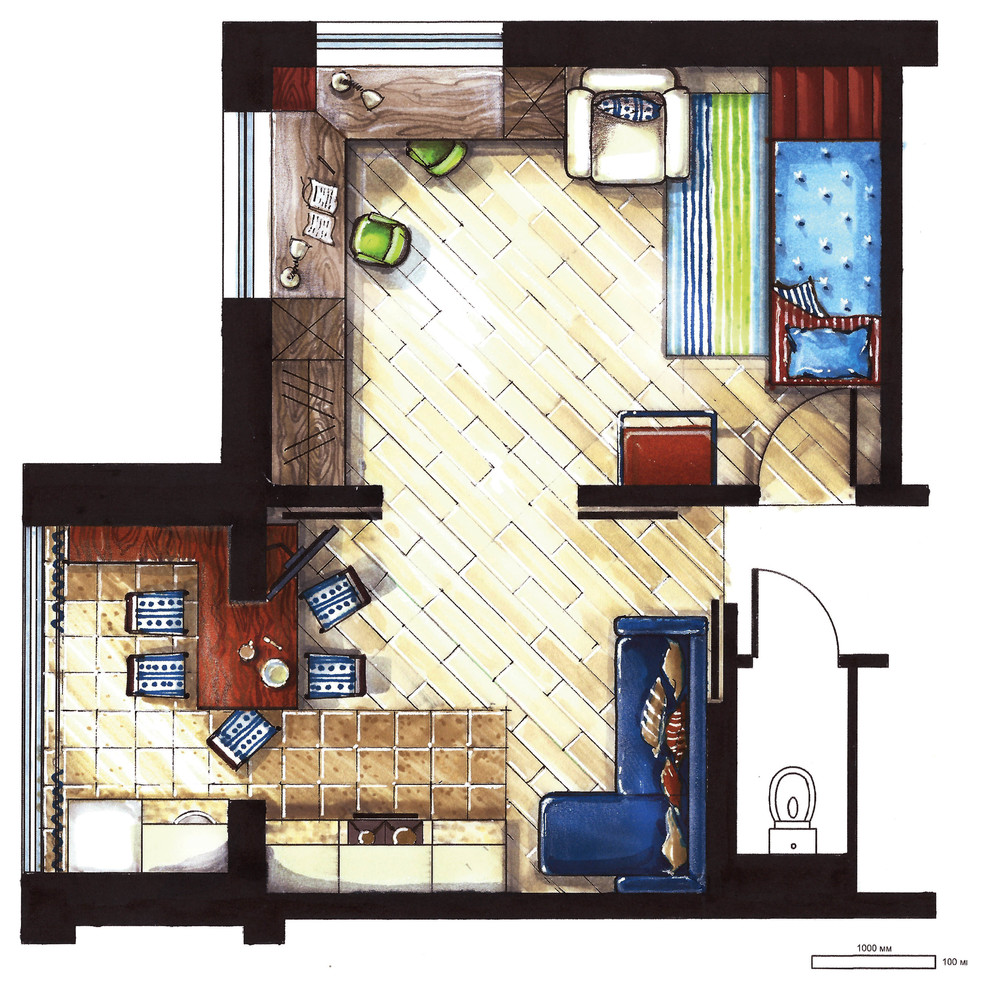 Обложка проекта: Эскизы интерьера и план кухни-гостиной