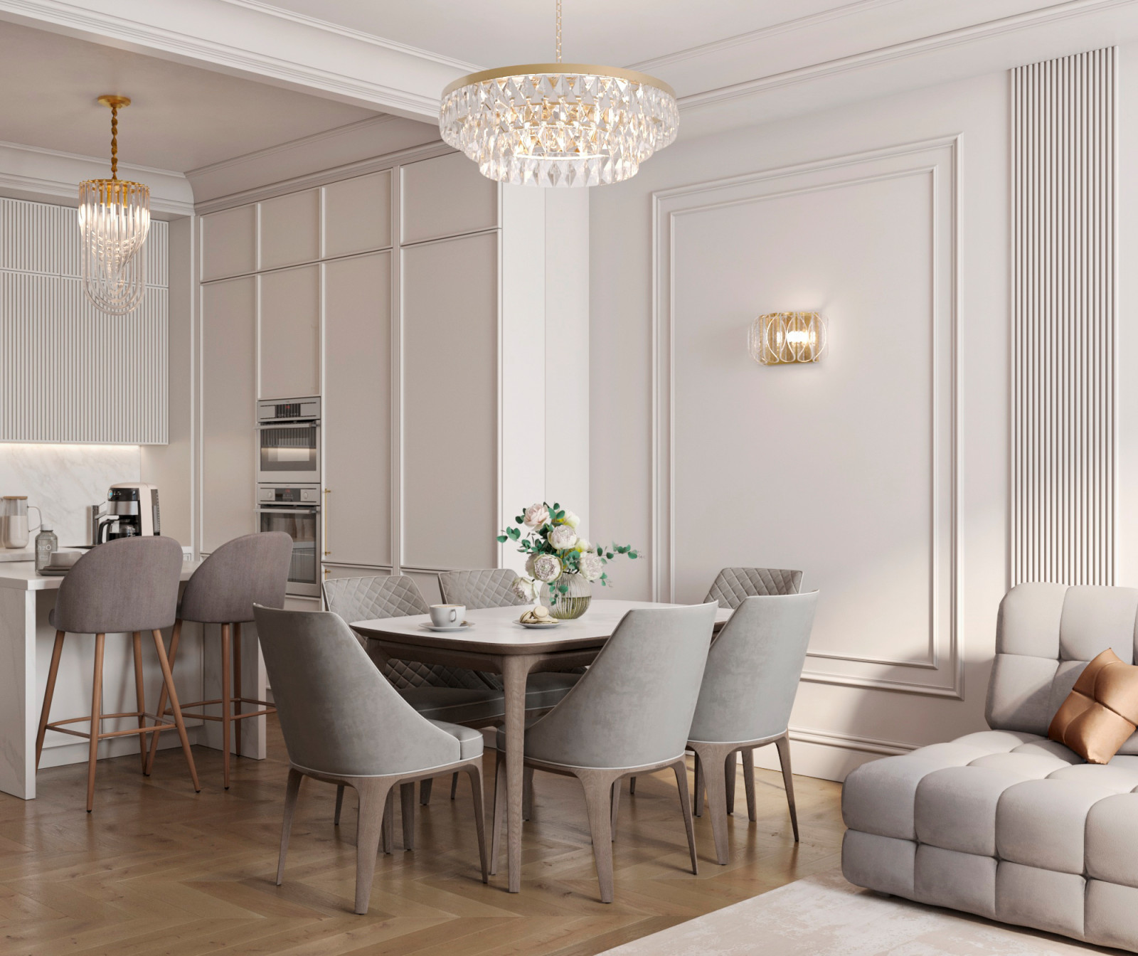 Кухня-гостиная нео-классика светлый вариант