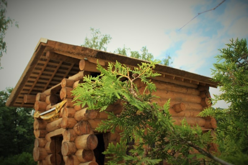 ВЫСТАВОЧНЫЙ ДОМИК ИЗ РУБЛЕННОЙ ЛИСТВЕННИЦЫ С КРЫШЕЙ ИЗ КАМЫША.