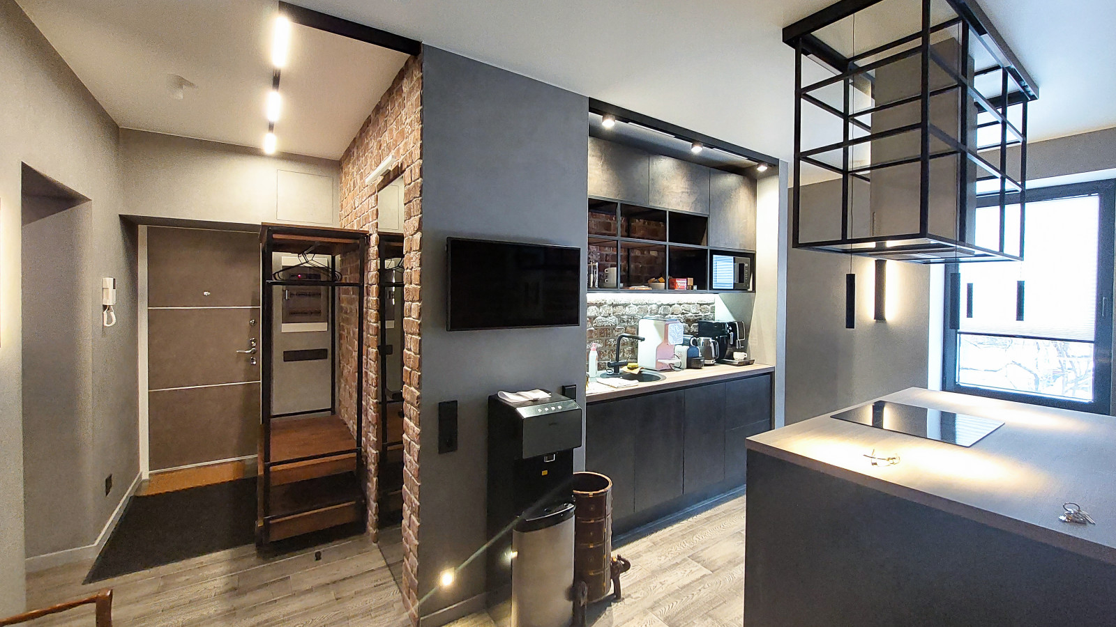 Квартира в Москве в стиле лофт, кухня, холл, санузел, кладовая. 2020 г.