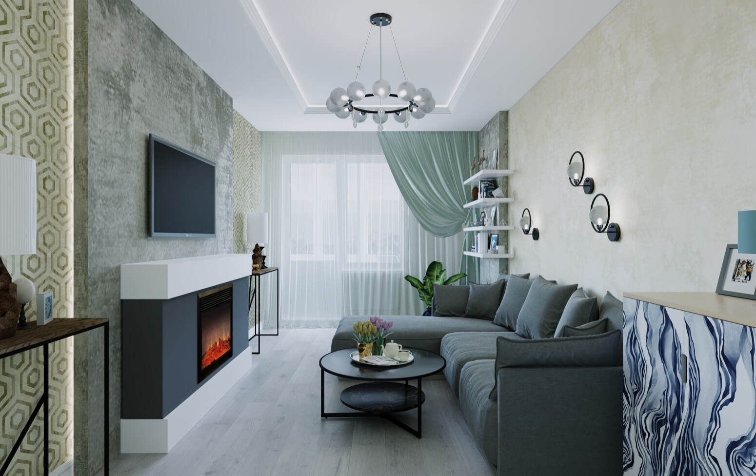 Дизайн гостиной с декоративным камином