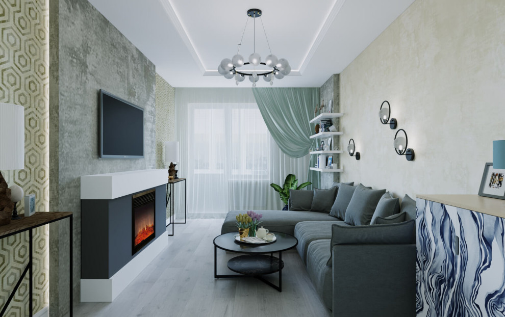 Дизайн гостиной с декоративным камином