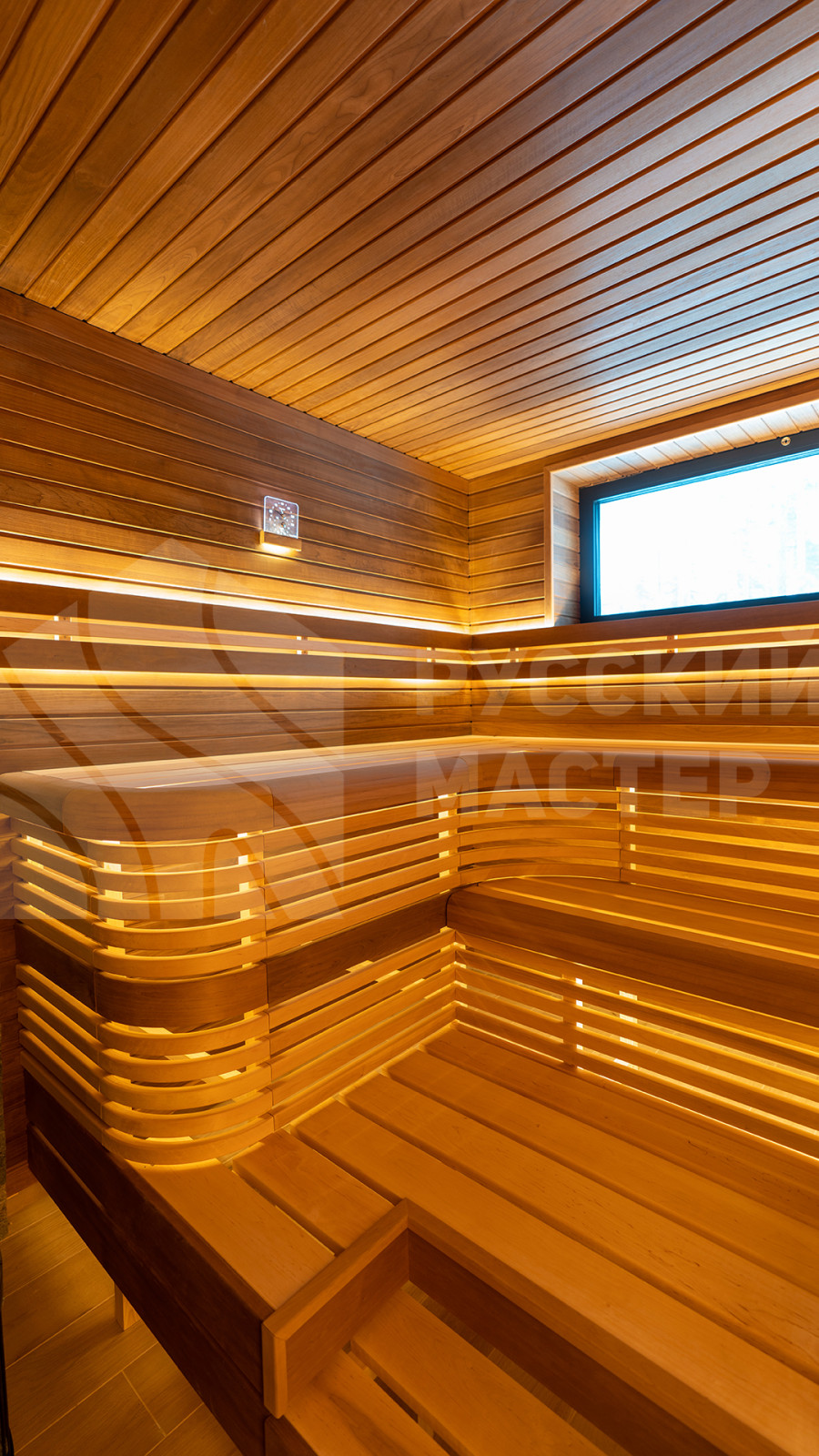 Баня по индивидуальному проекту: фигурные 3D-полки и отделка из термодревесины