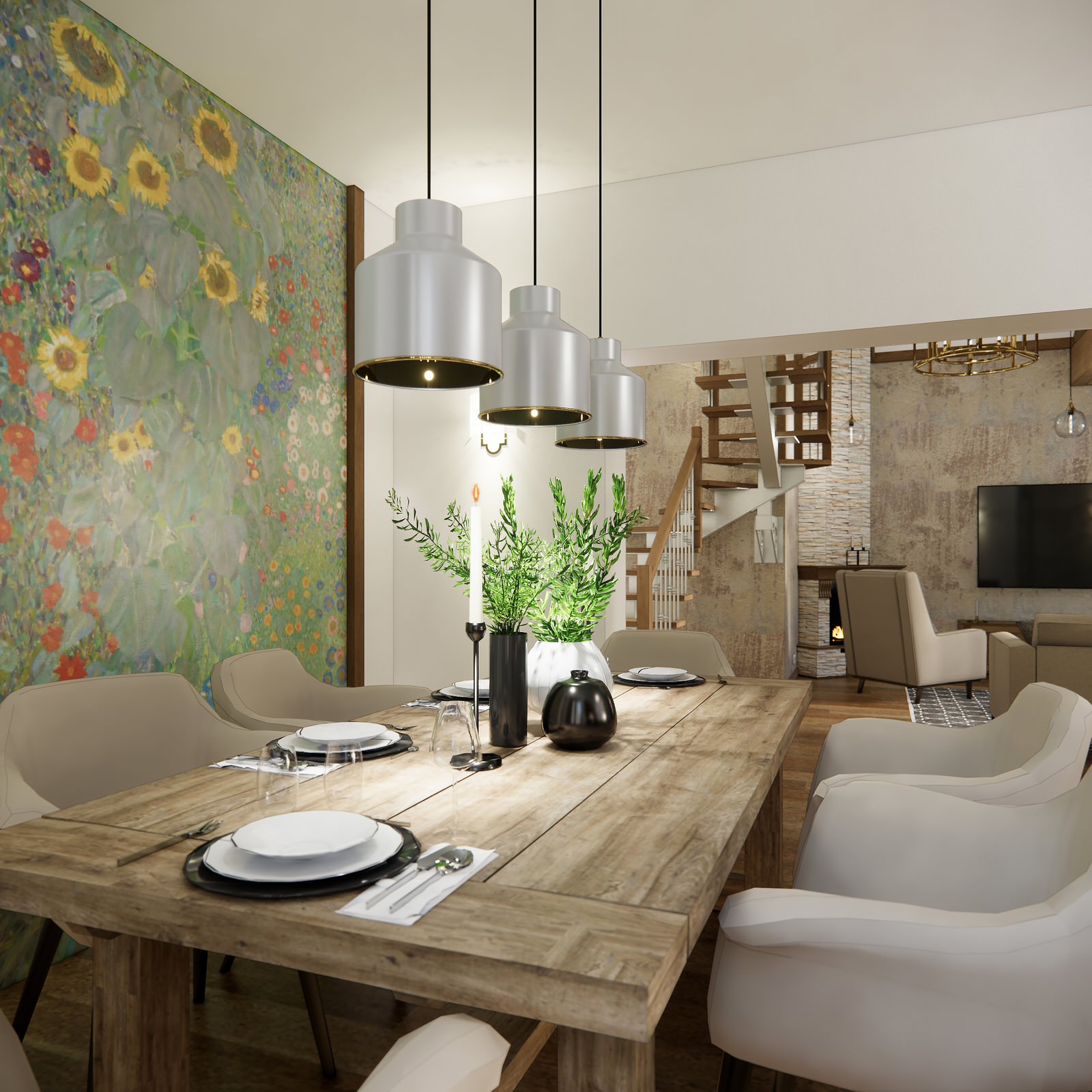 Дом в немецком стиле: кухня и гостиная с камином и лестницей