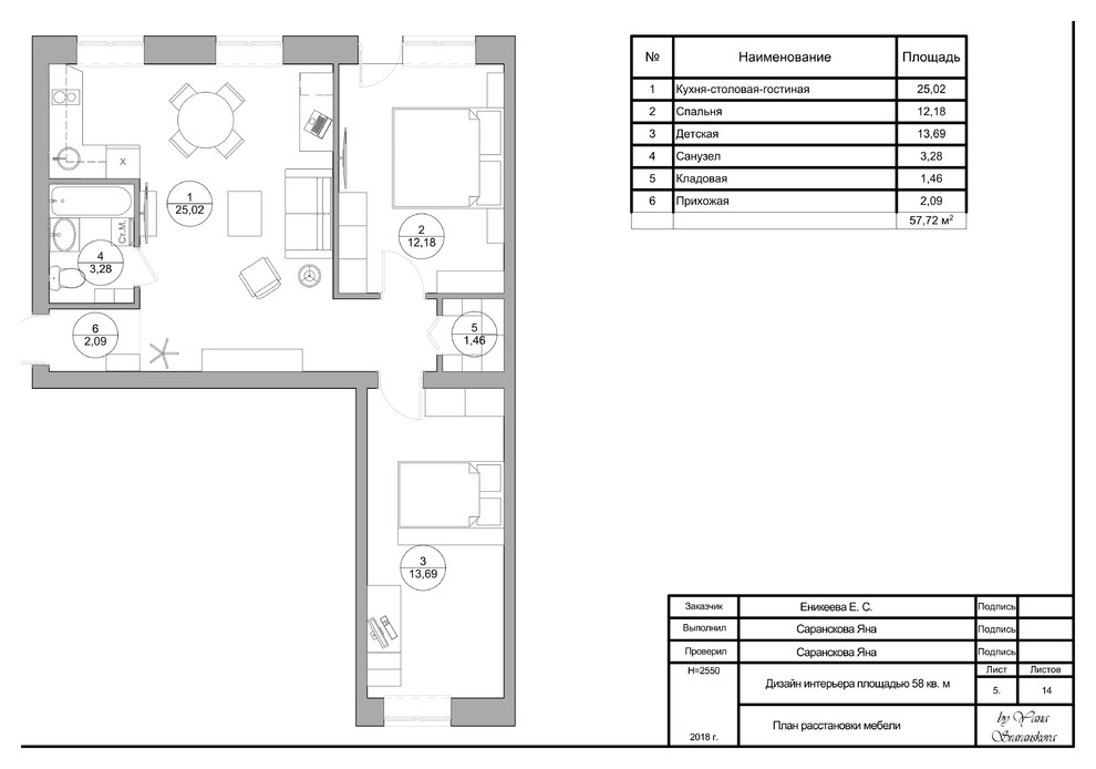Рабочая документация для дизайн-проекта интерьера площадью 58 кв. м