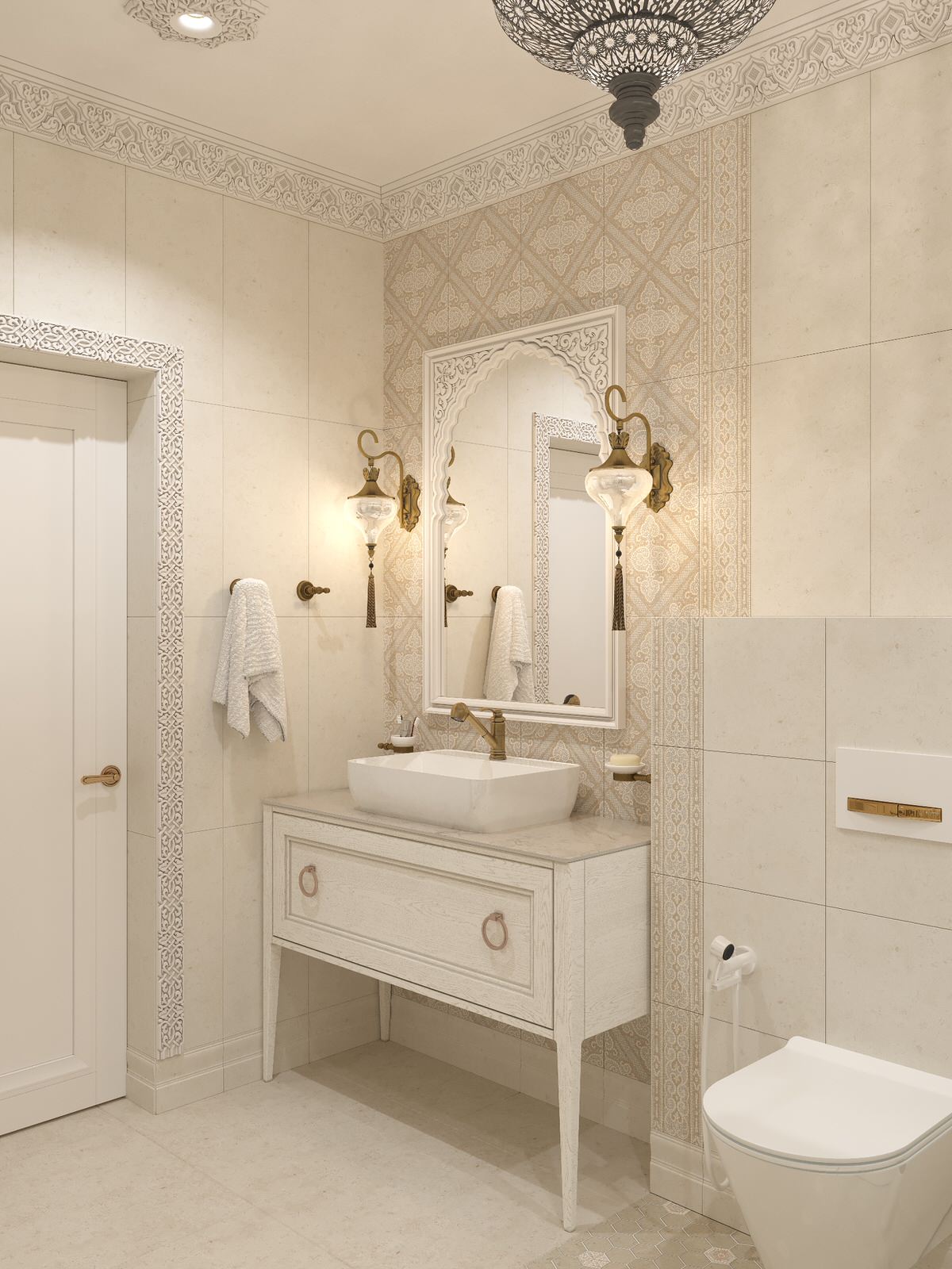 Интерьер санузла в цокольном этаже загородного дома в Восточном стиле