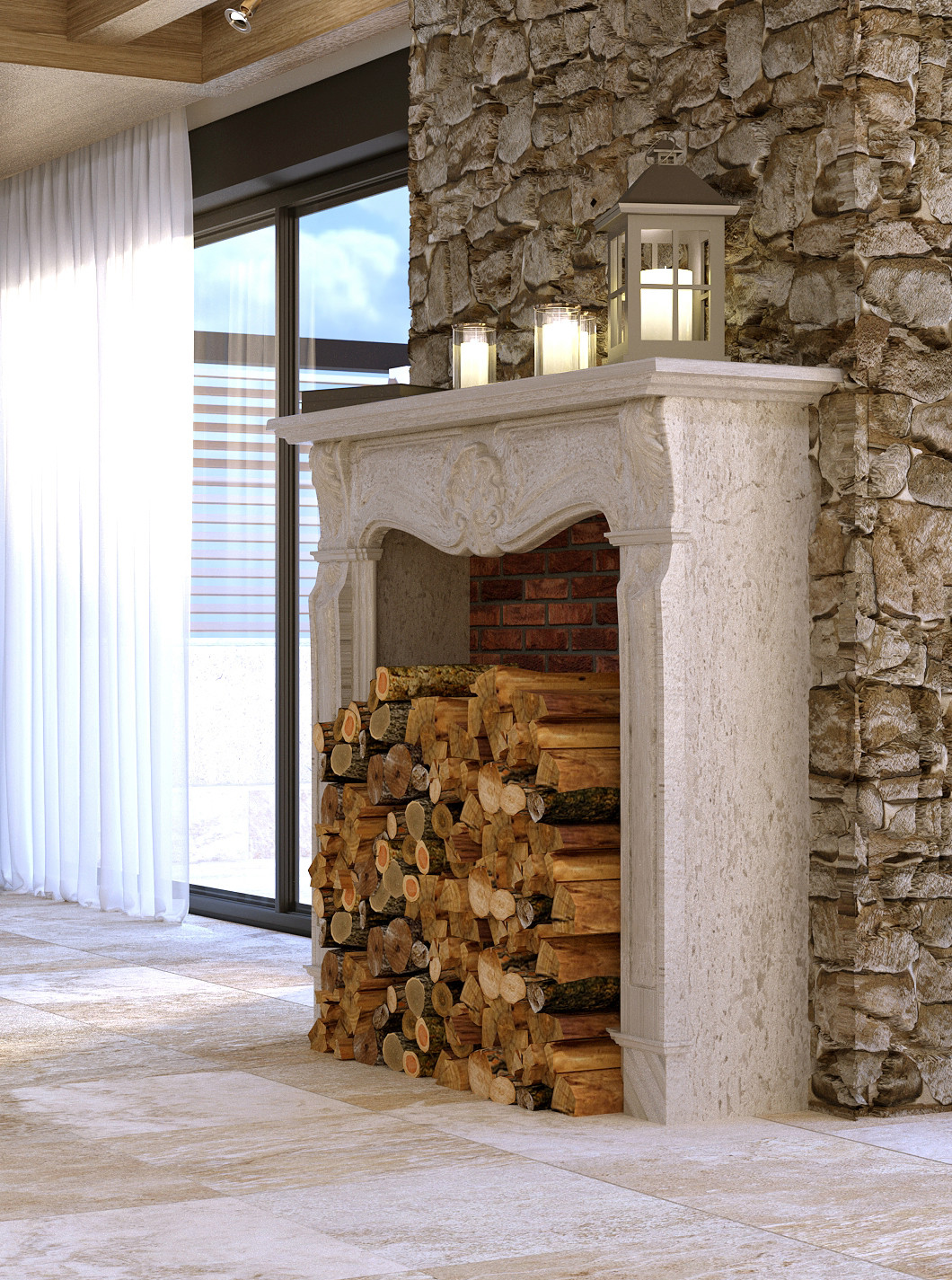 Проект интерьера террасы с камином