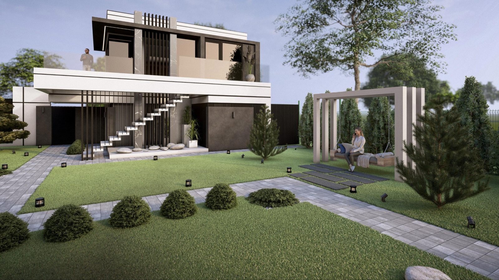 Проект фасада и ландшафта для дома с плоской крышей