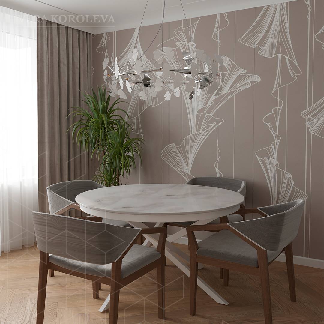 Обеденная зона с круглым столом и стульями из массива