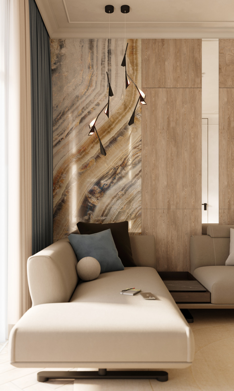 Диван со светильниками на подвесах