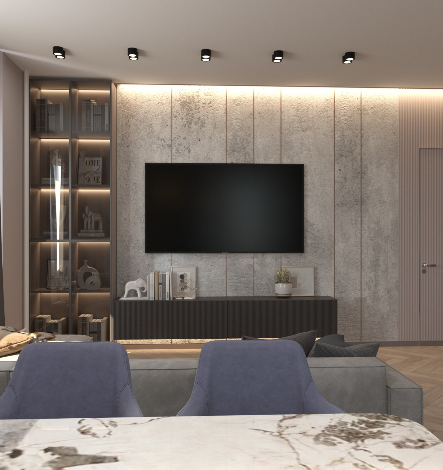 Просторная квартира в синими стенами