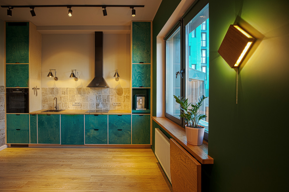 Кухня из фанеры с открытыми торцами ящиков.