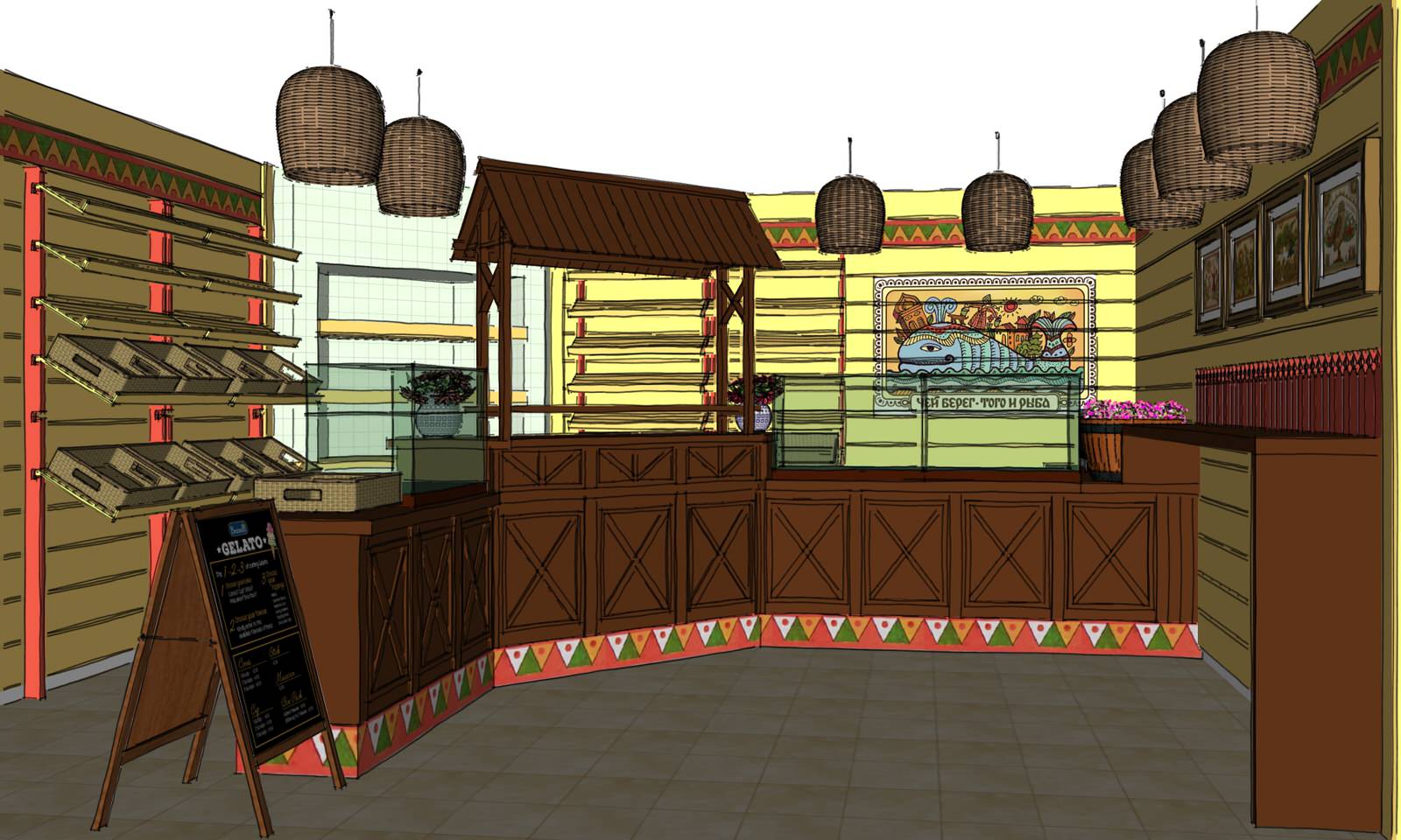 Обложка проекта: Эскиз торгового зала мини-пекарни в лубочном стиле.