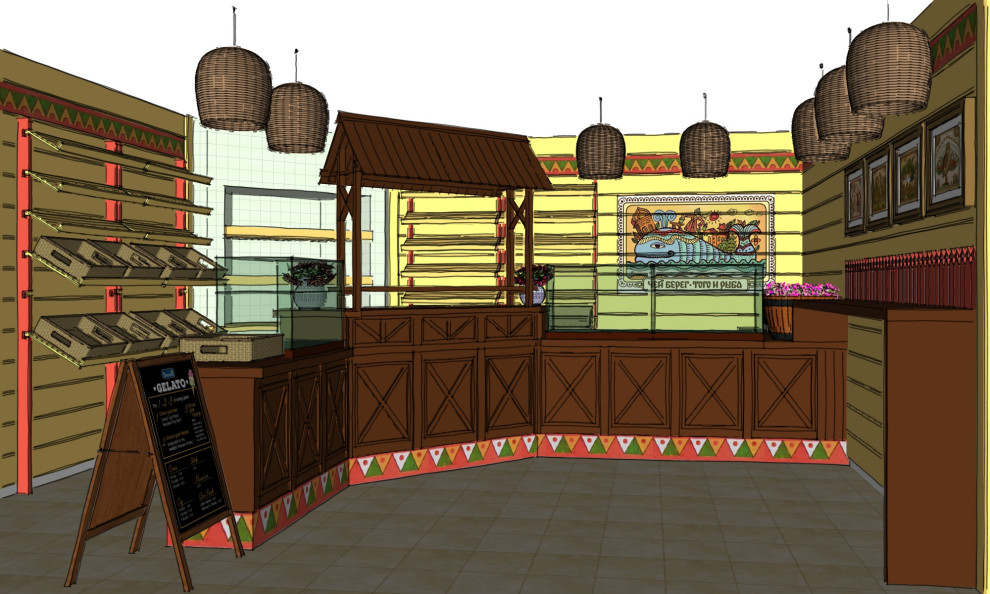 Обложка проекта: Эскиз торгового зала мини-пекарни в лубочном стиле.