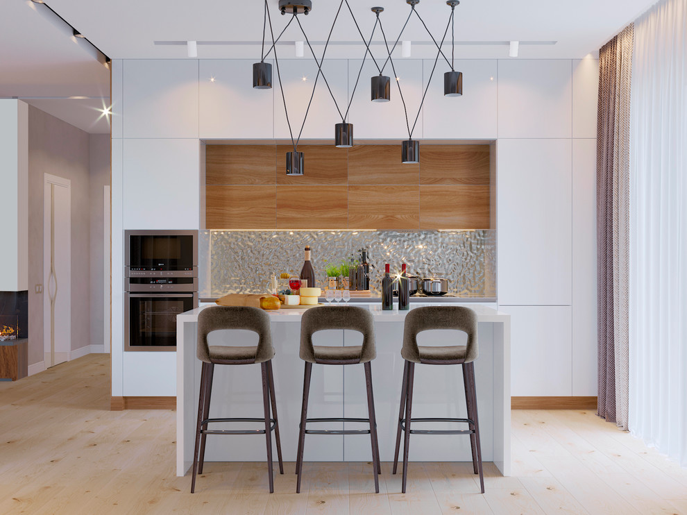 Обложка проекта: Белая кухня с островом в стиле модернизм