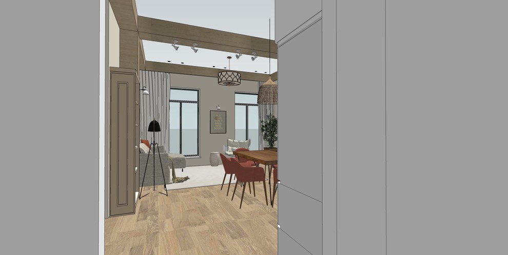 Деревянные балки в современной кухне-гостиной