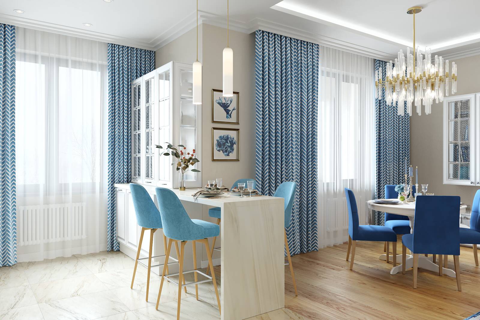 Нежный бело-голубой интерьер