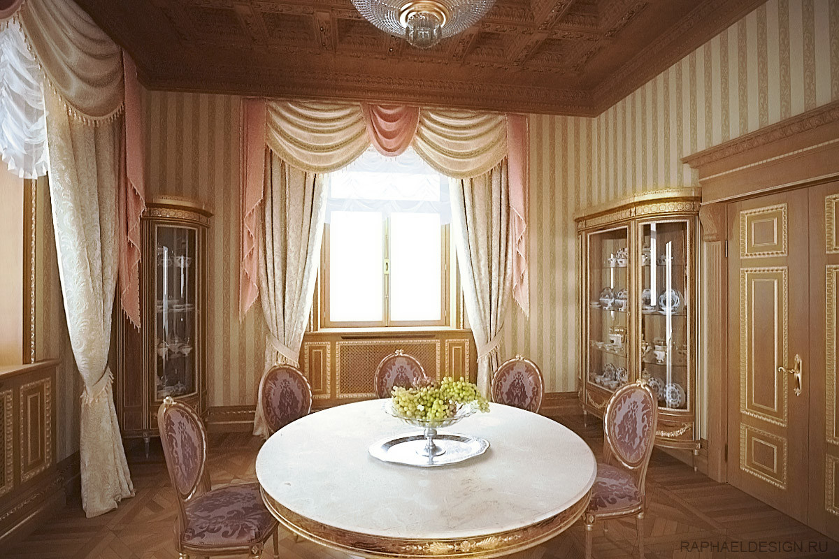 Дизайн проект интерьера столовой загородного дома в неоклассическом стиле