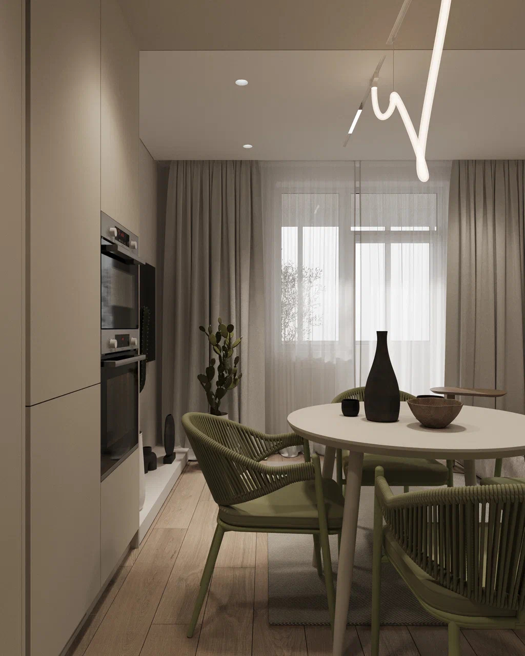 Дизайн кухни-гостиной с акцентным оливковым