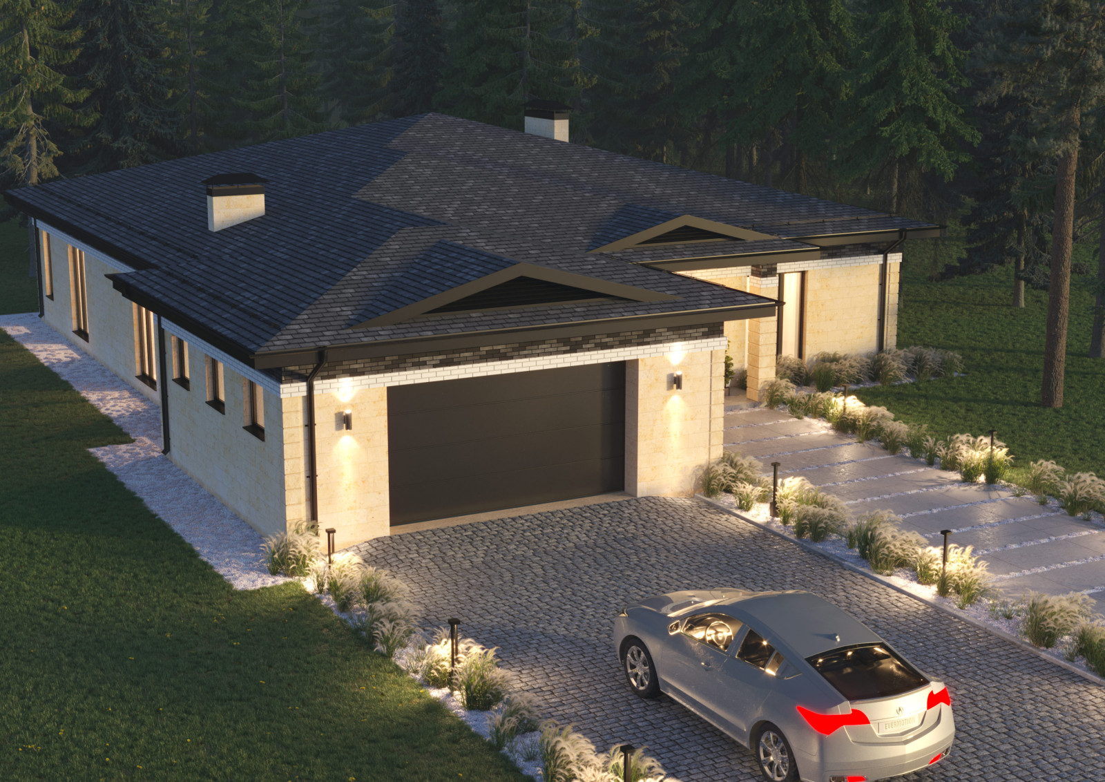 Проект 1-этажного 5-комнатного жилого дома в стиле Райта