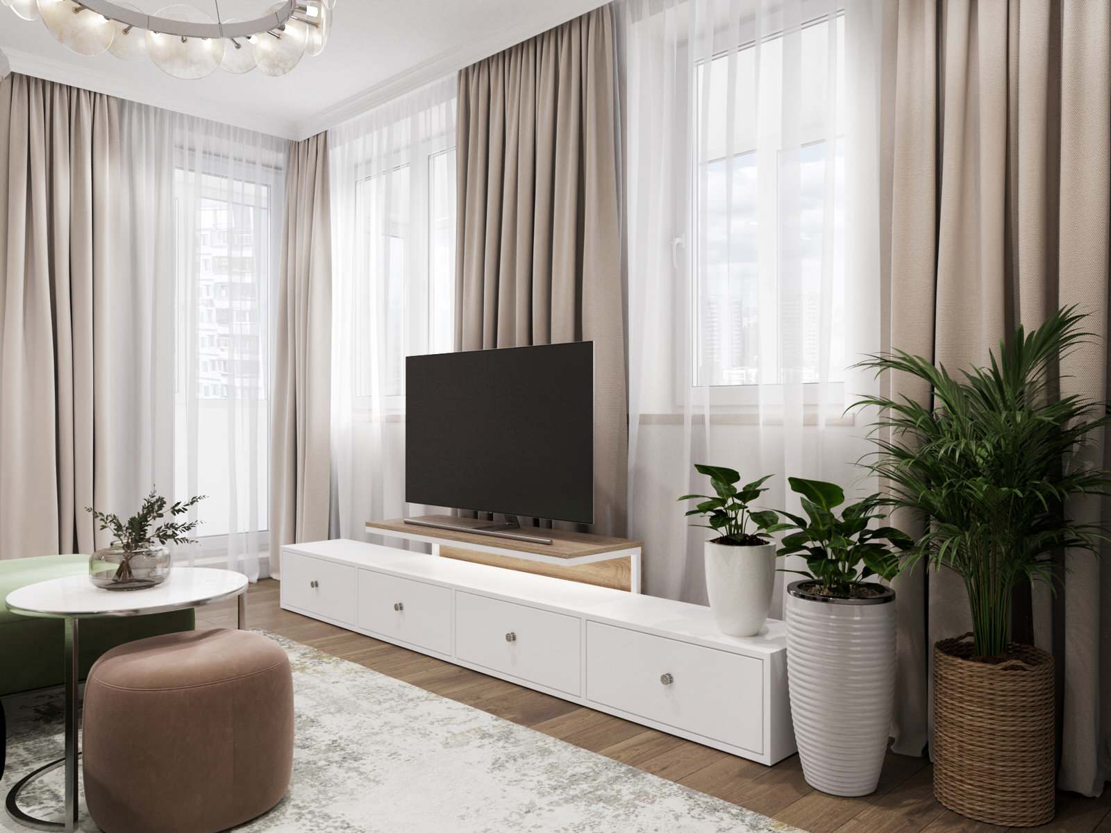 Гостиная с зеленым диваном