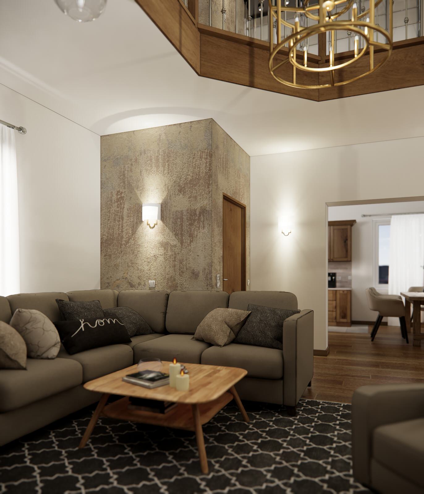 Дом в немецком стиле: кухня и гостиная с камином и лестницей