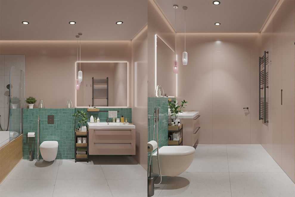 Двухкомнатная квартира с зеленой перегородкой в гостиной