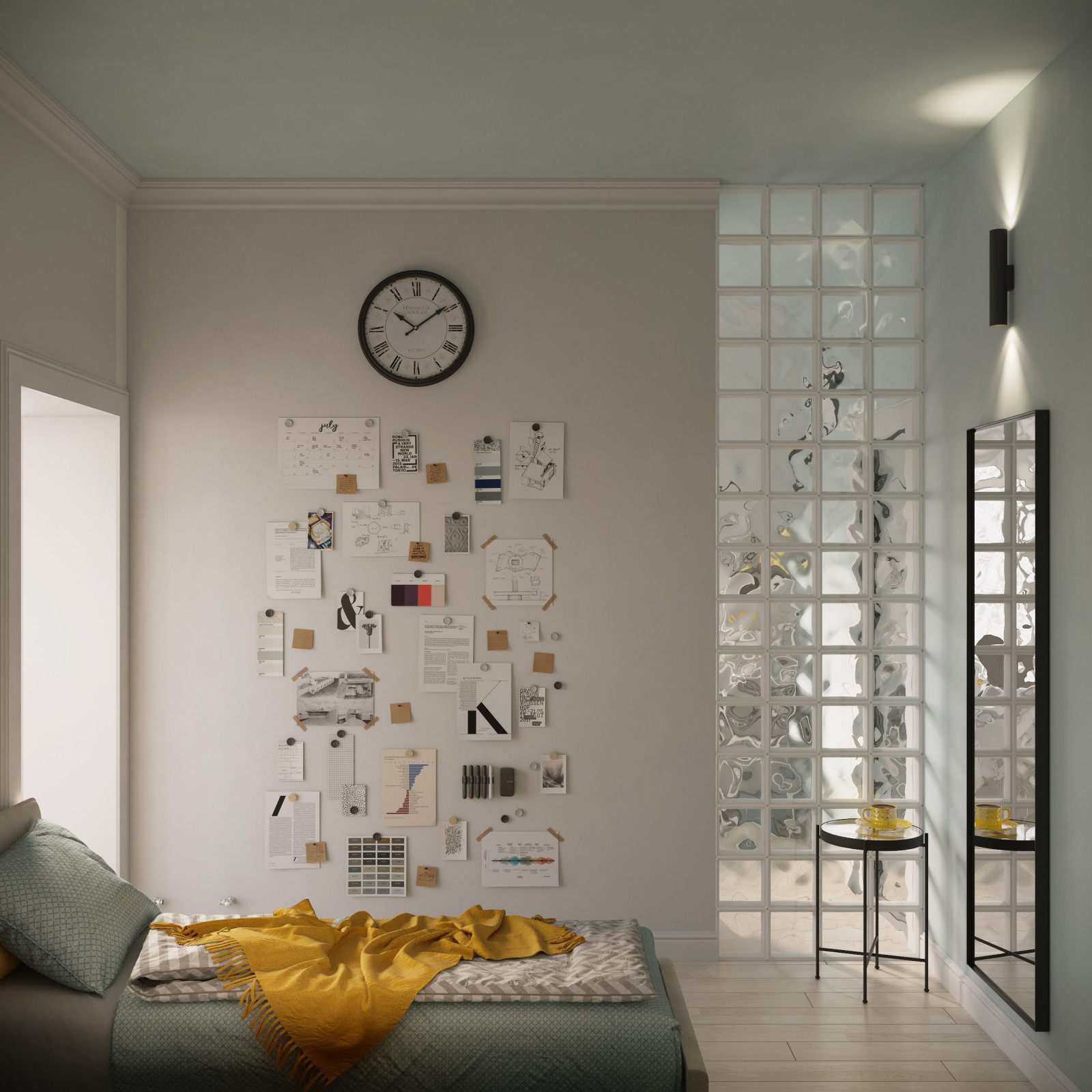 Стена для заметок с магнитной краской и стеклоблоками для лучшего освещения