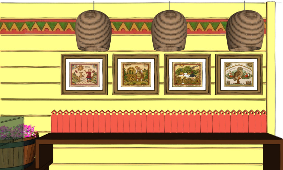 Эскиз торгового зала мини-пекарни в лубочном стиле.