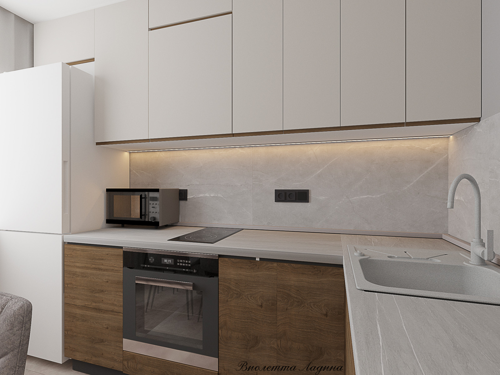 Трешка в панельном доме в современном стиле с голубым акцентом.