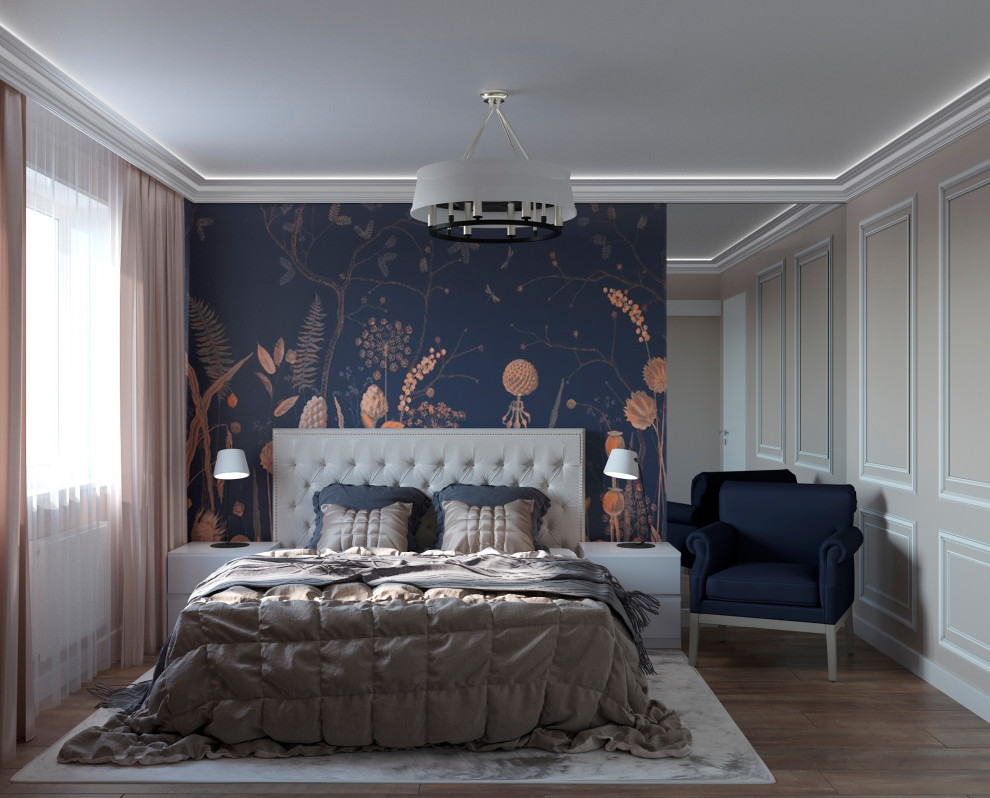 Обложка проекта: Спальня в Москве в неоклассике с синими деталями