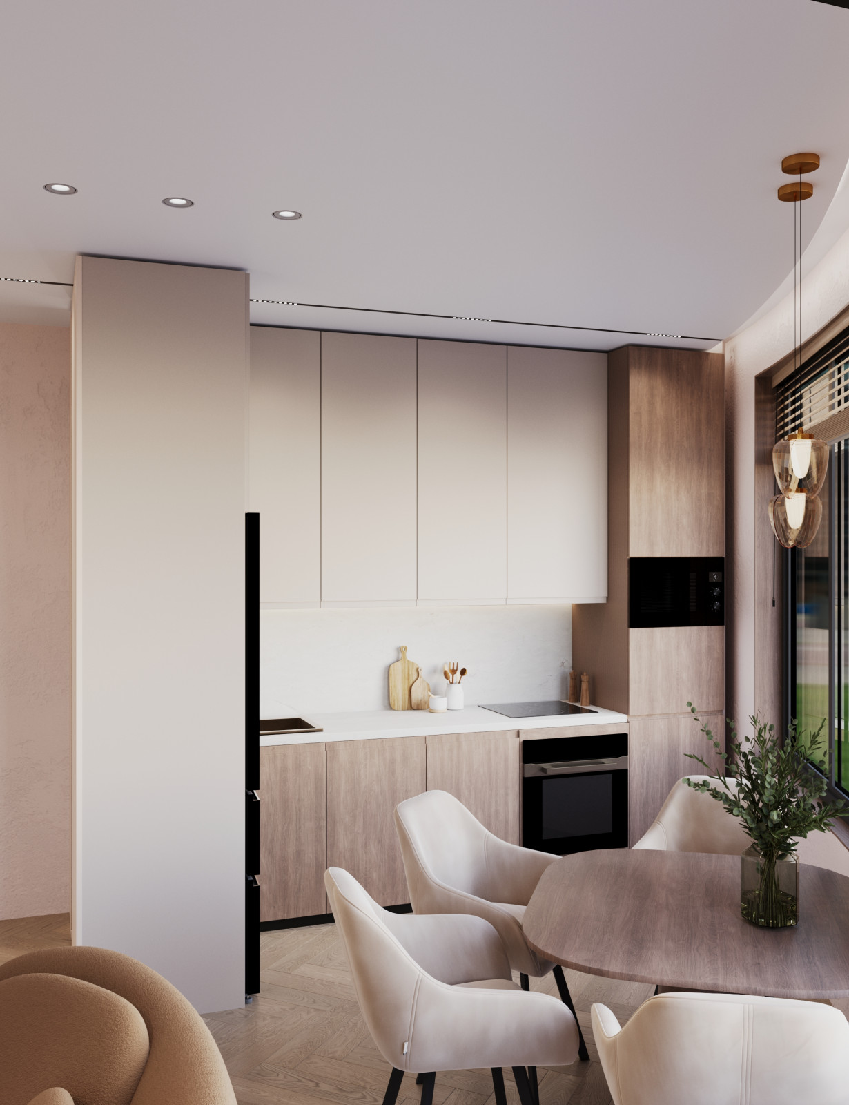 Обложка проекта: Квартира с радиальной стеной в стилистике теплого минимализма