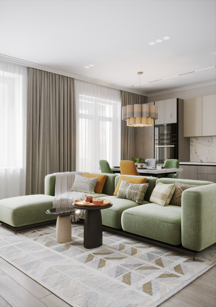 Яркий дизайн кухни-гостиной для молодой семьи