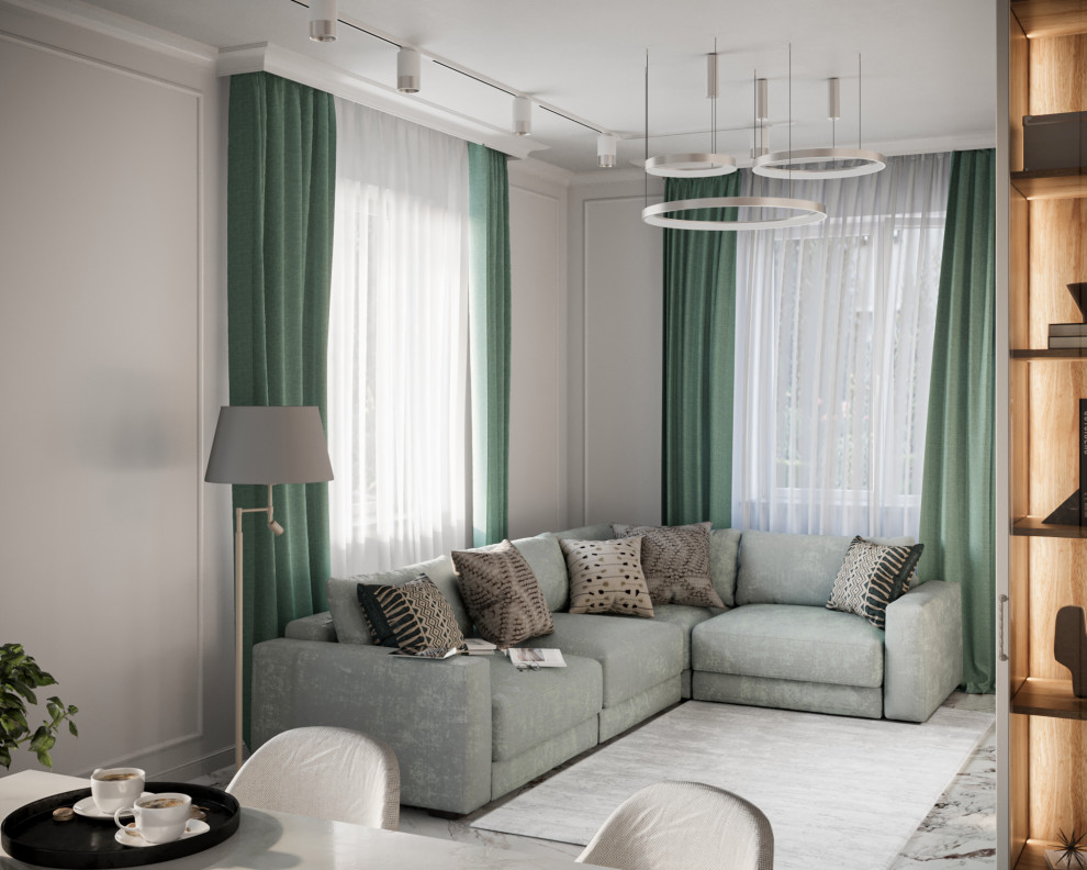 Мятная неоклассика. Кухня-гостиная в загородном доме.