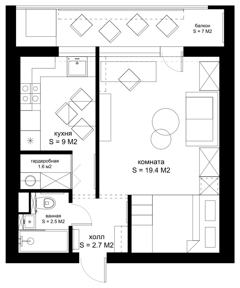 Houzz тур: 34 кв.м — «однушка» с зеркалом для селфи