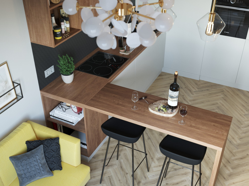 Лимонный меланж: солнечная и уютная кухня-гостиная.