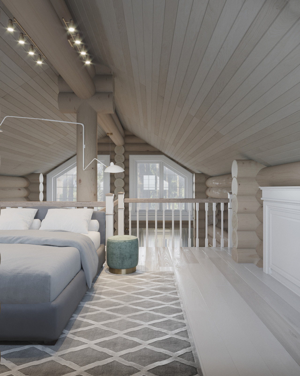 Проект интерьера загородного бревенчатого дома в стиле неоклассика