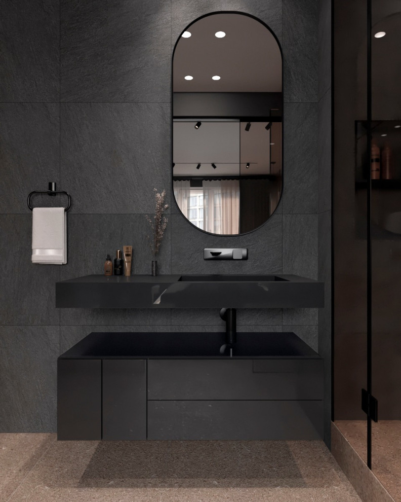 Стильная спальня с ванной за стеклянной перегородкой