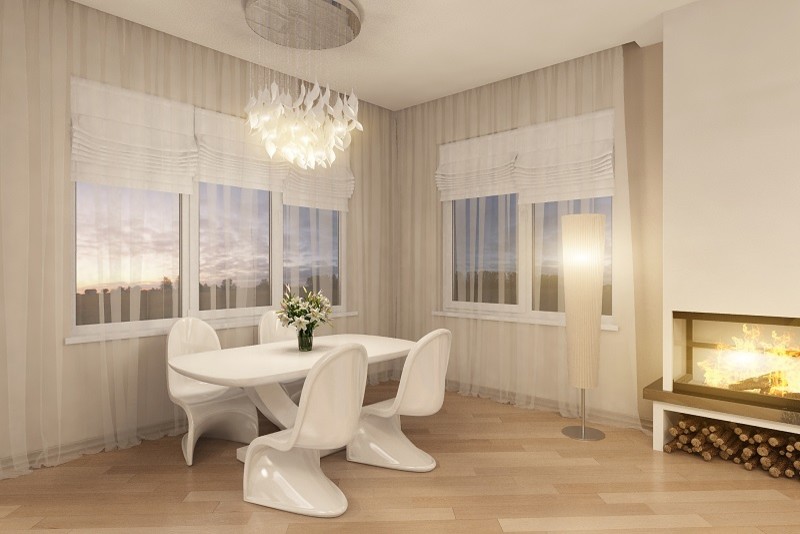 Гостиная с камином и круглой колонной