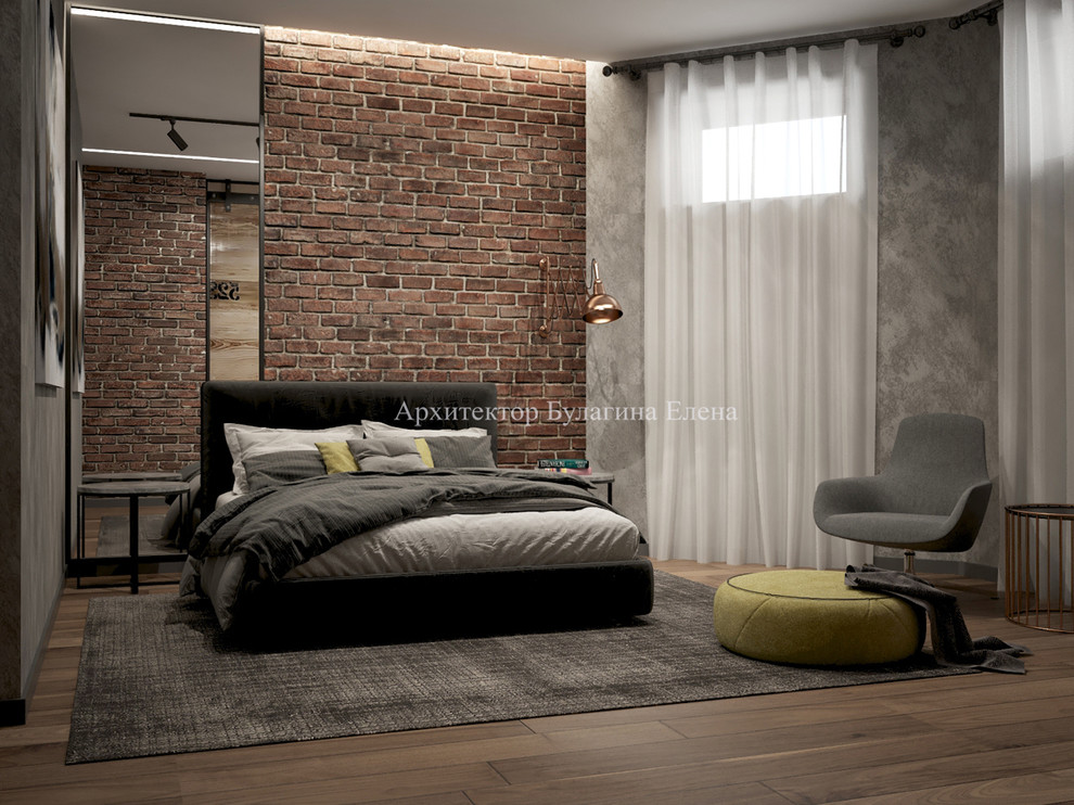 Интерьер спальни с ванной комнатой в стиле лофт