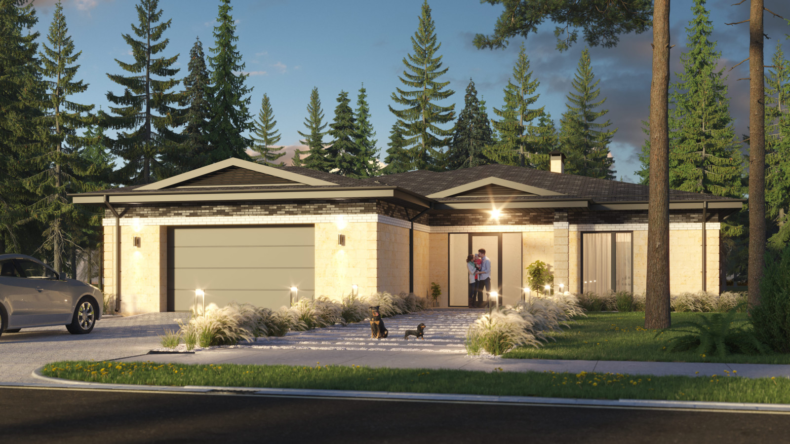 Обложка проекта: Проект 1-этажного 5-комнатного жилого дома в стиле Райта