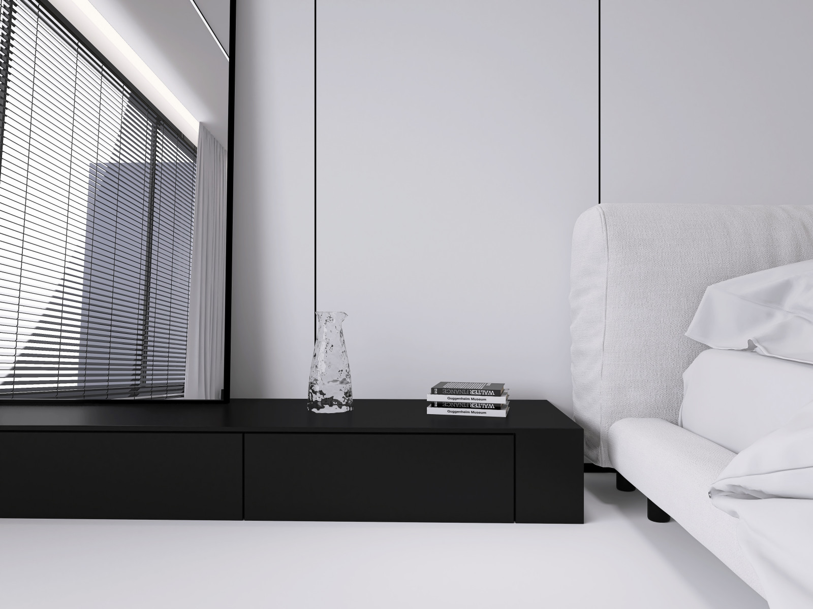 Белая спальня в стиле минимализм.  Основная чертами этой спальни это большая гар