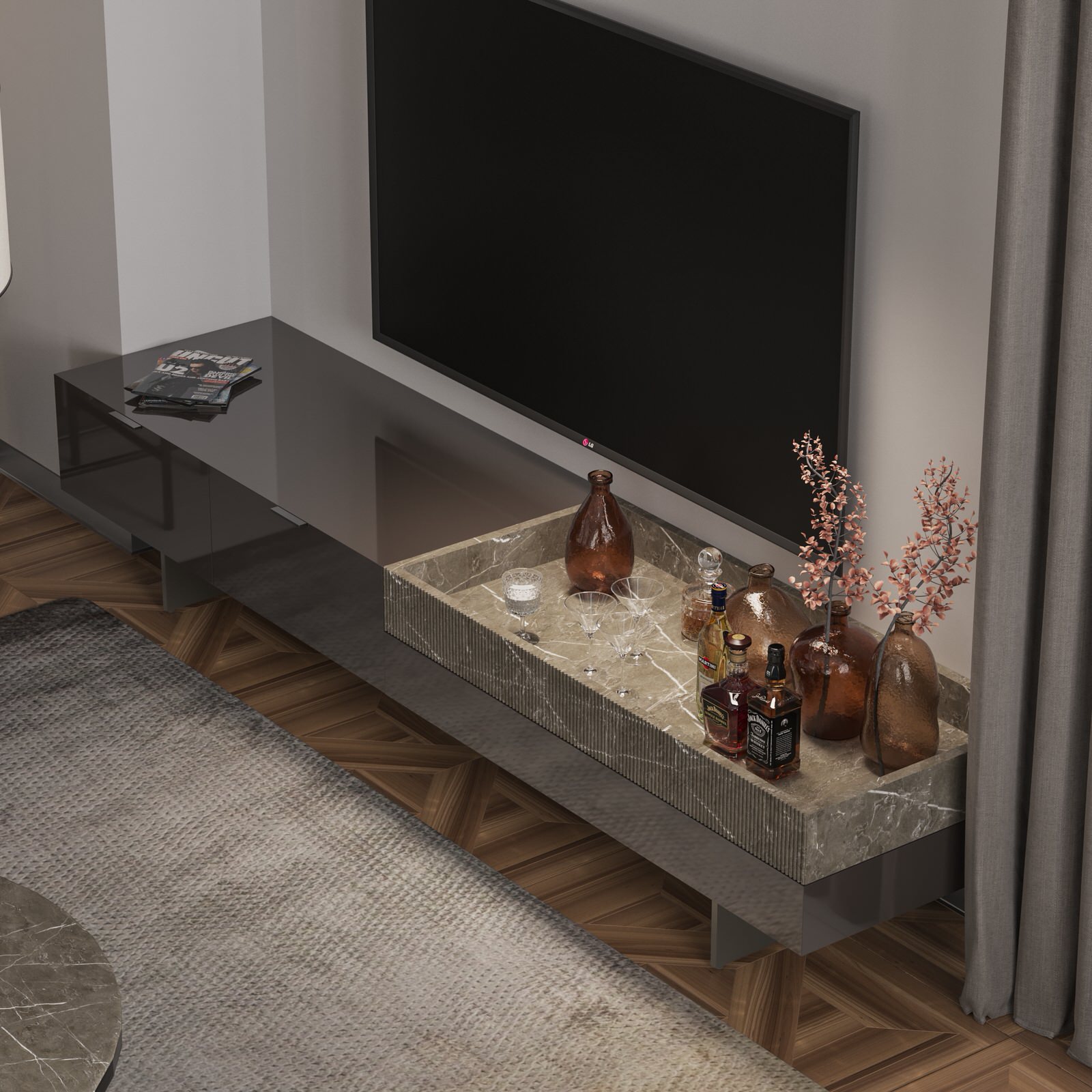 ВИЗУАЛИЗАЦИЯ ГОСТИНОЙ С КАМИНОМ ДЛЯ ПРОЕКТА ЧАСТНОГО ДОМА