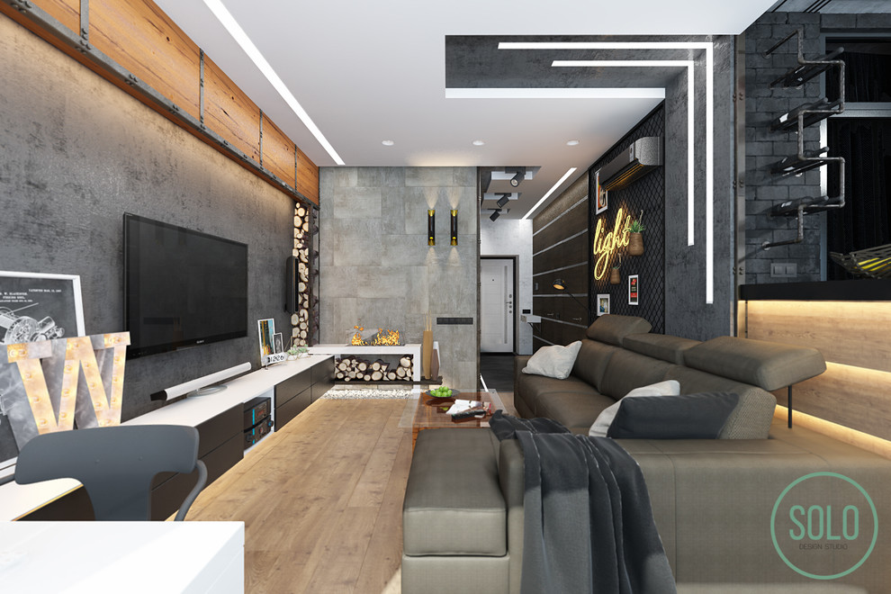 Modern Interior with loft elements for young couple