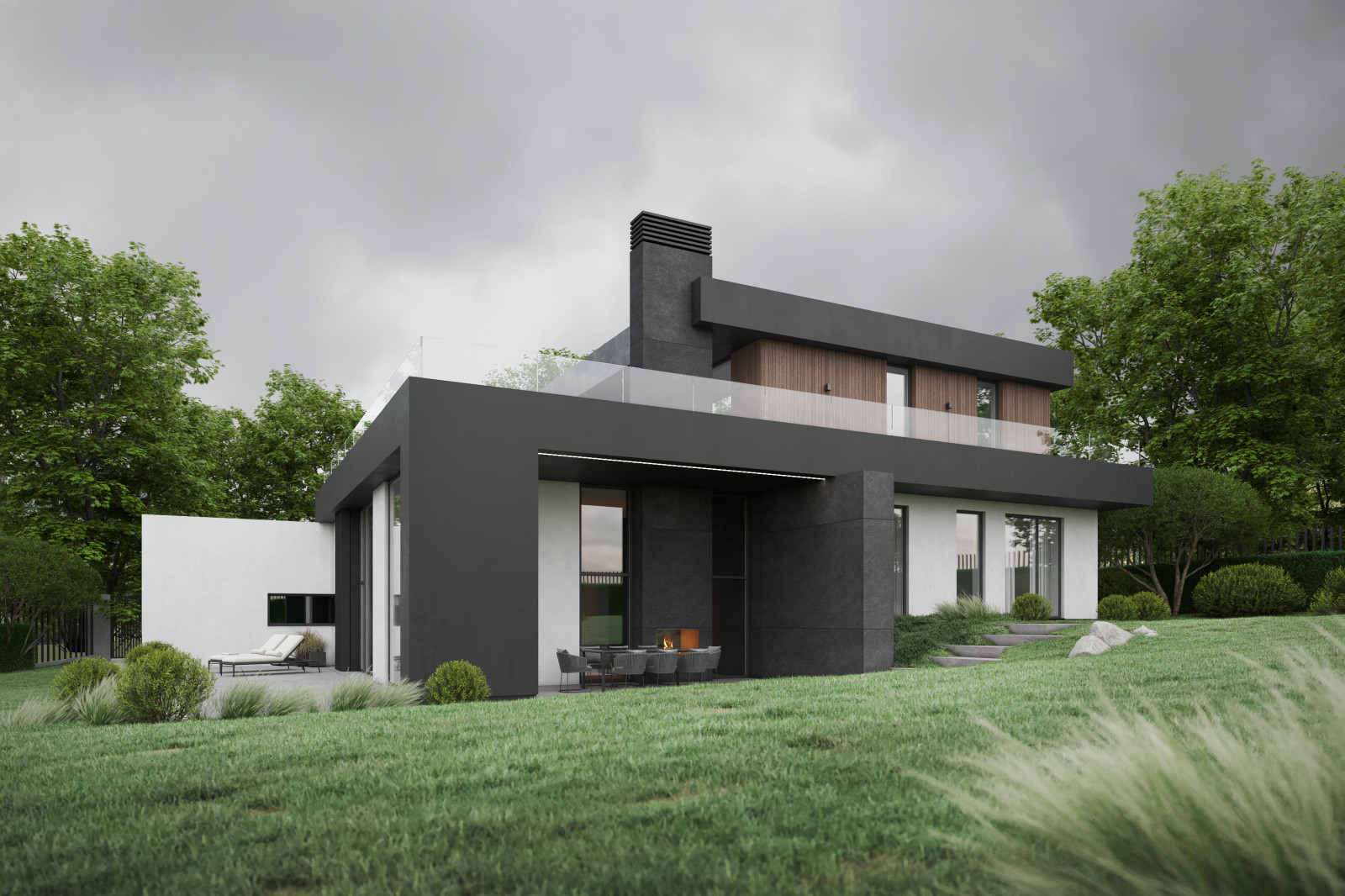 Проект современного коттеджа с плоской кровлей в КП Рублево