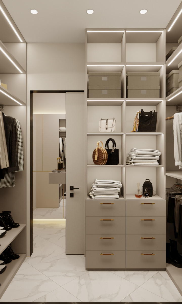 Современный интерьер в нюдовых тонах Гардеробная Идеальный порядок и максимум уд