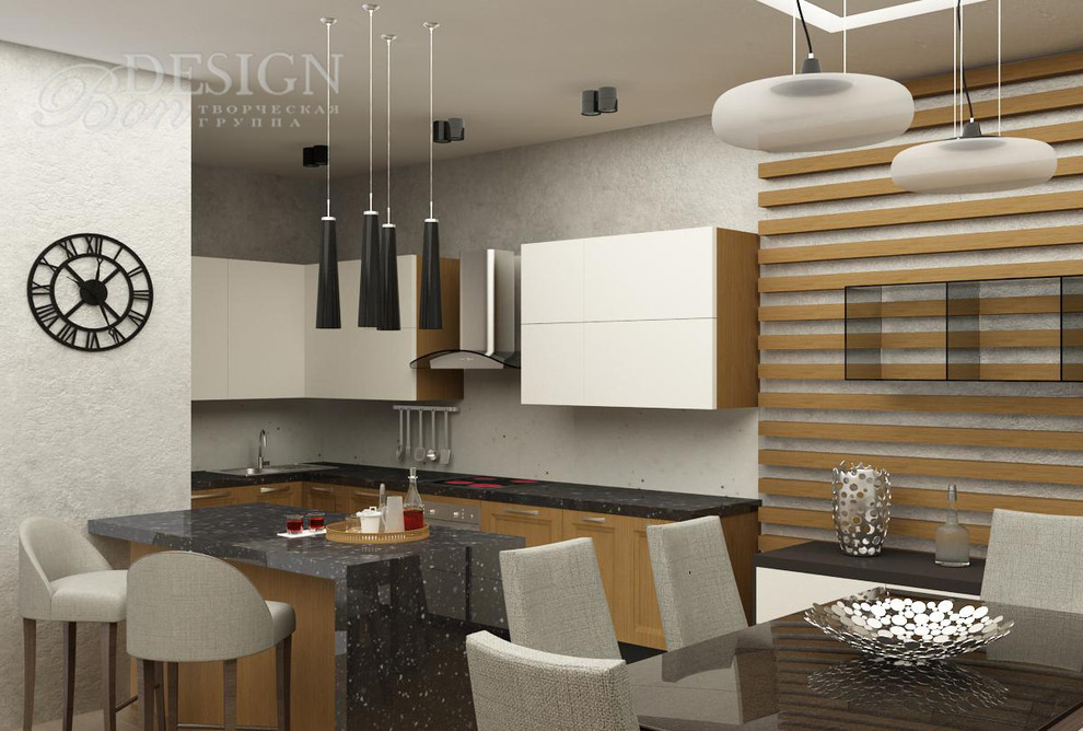 Интерьер частного дома в г.Выборге с видом на залив. Кухня-гостиная.