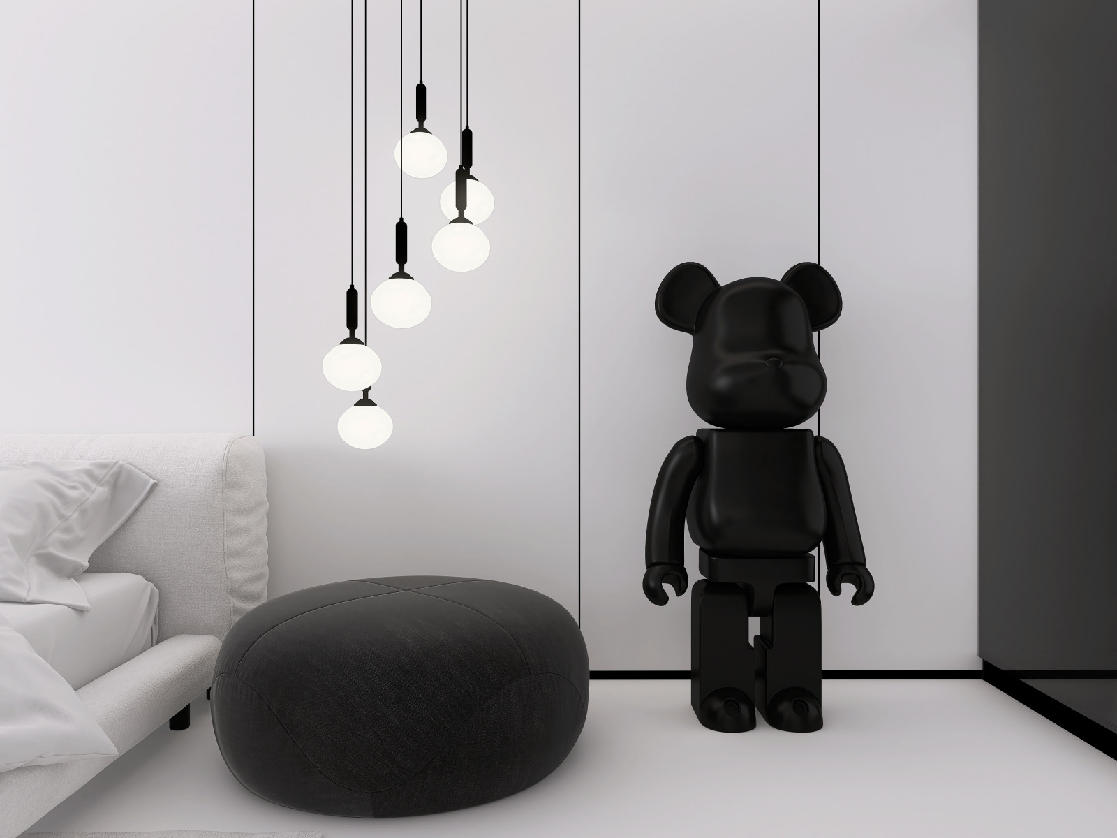 Белая спальня в стиле минимализм.  Основная чертами этой спальни это большая гар